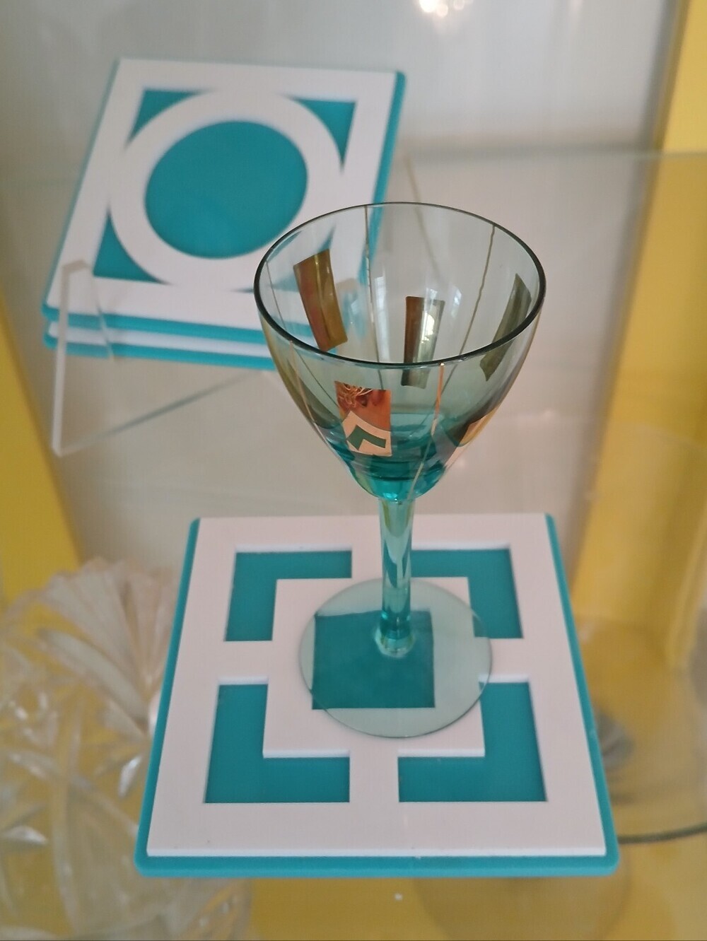 Destination PSP California Coasters Set of 4 Mid-Century Modern Vinyl Blue White